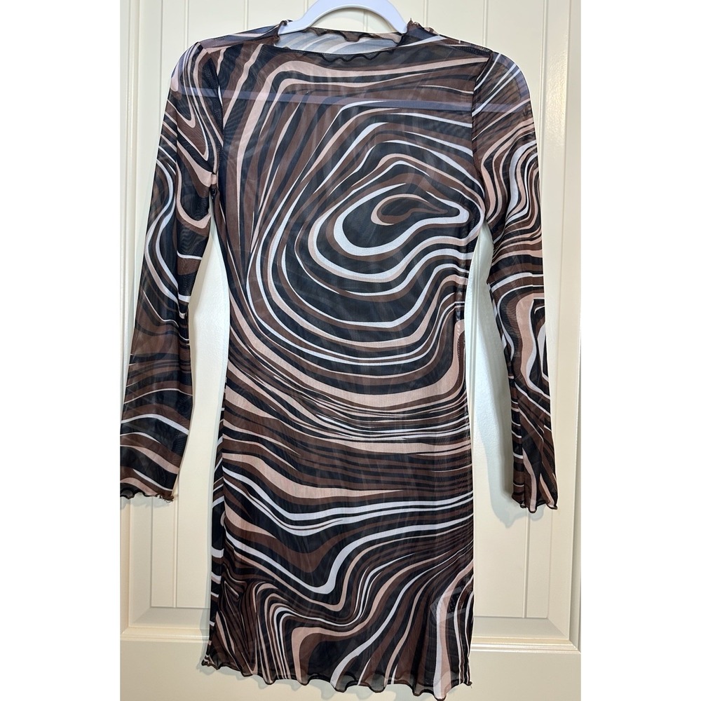 Swirl Marbled Brown sheer Mesh Long Sleeve Mini Dress stretch fitted sz XS